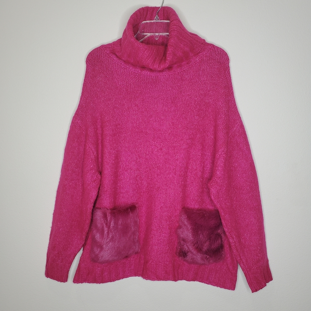 Zara Pink Oversized Ribbed Faux Fur Turtleneck Alpaca Knit Sweater - Picture 5 of 11